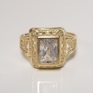 Ringgröße 7,25 Nachlass 10k Gelbgold CZ Diamant 1,5 Karat Smaragdschliff Pinky Bandring Unisex Cocktail Mama Papa GD15-03