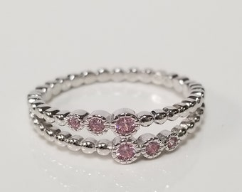 Estate Sterling Silver 925 CZ Pink Ice .20ct Bead Ball Band Ring Stunning SWPINK1