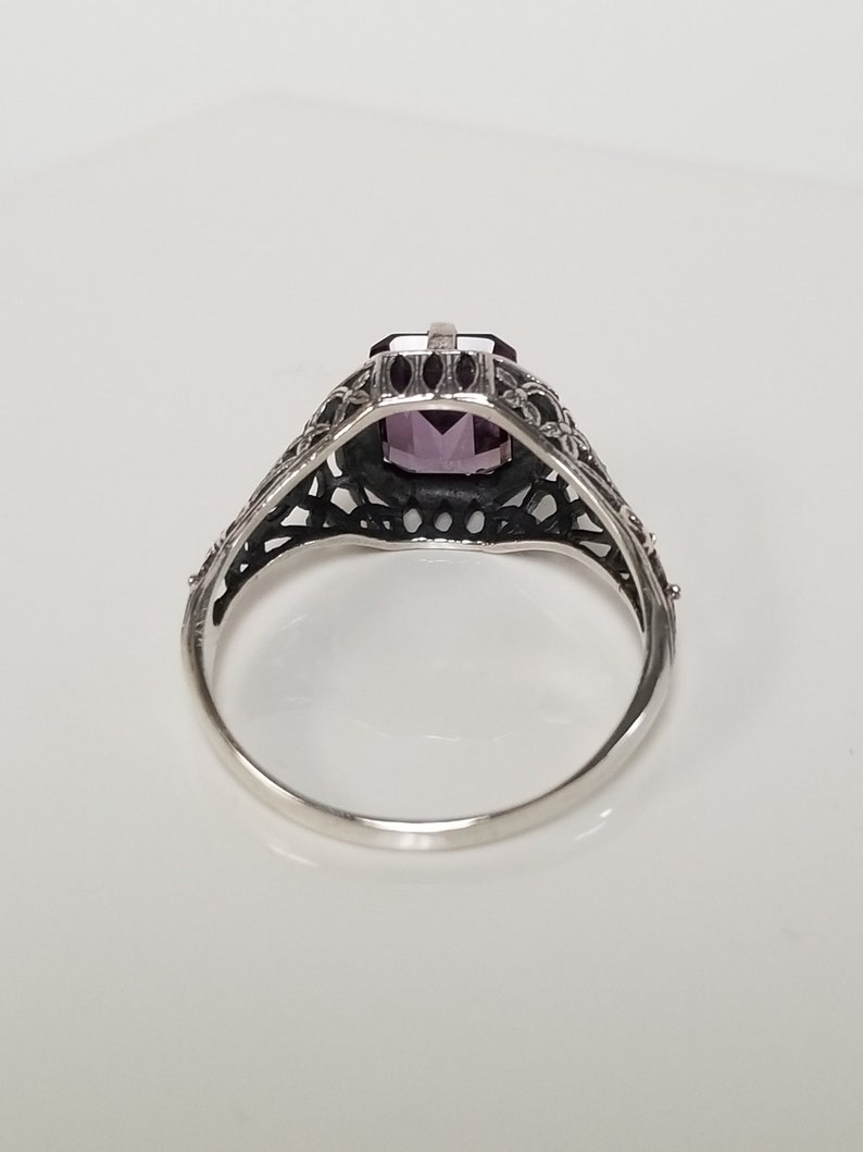 Estate Sterling Silver 925 Rainbow 3ct Mystic Blue Alexandrite Emerald Cut Filigree Vintage Style Ring Cocktail Pinky Birthstone JL88-01