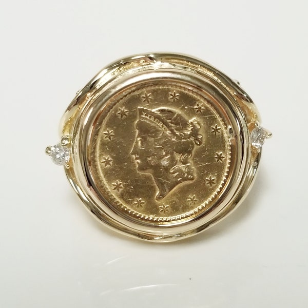 4.94 Grams Sale Size 5.75 Estate 14k 21k Yellow White Gold 1800's US 1 Dollar Coin Diamond Ring Pinky Cocktail Pinky Liberty Head GS2097-04