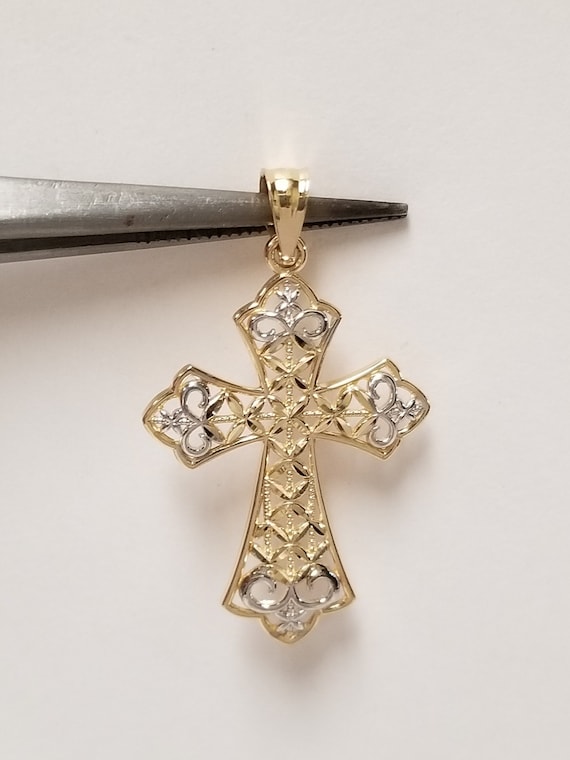 1.25" Estate 14k Yellow White Gold Cross Love God… - image 1