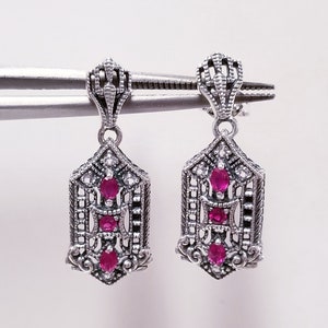 2,5 cm sterlingsilver 925 naturlig 0,25 karat rubin vit topas antik stil örhängen filigran viktoriansk MS663