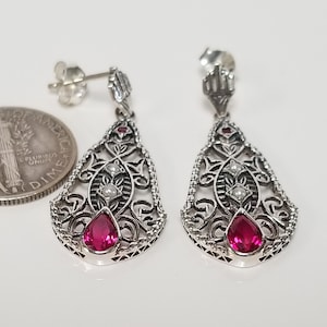 1 1/4" sterlingsilver 925 skapade 1/2ct rubinpärlor örhängen med örhängen i filigran antik stil viktoriansk JL312