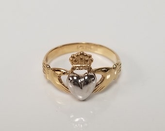 Size 1 Estate 14k Yellow White Gold Baby Claddagh Irish Heart Hands Crown Eternity Ireland Ring G202