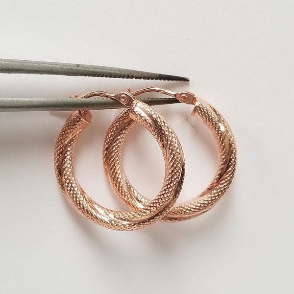 3/4" Estate 10k Rose Gold Victorian Twisted 3mm Textured Hoops Dangle Earrings Diamond Cut G228