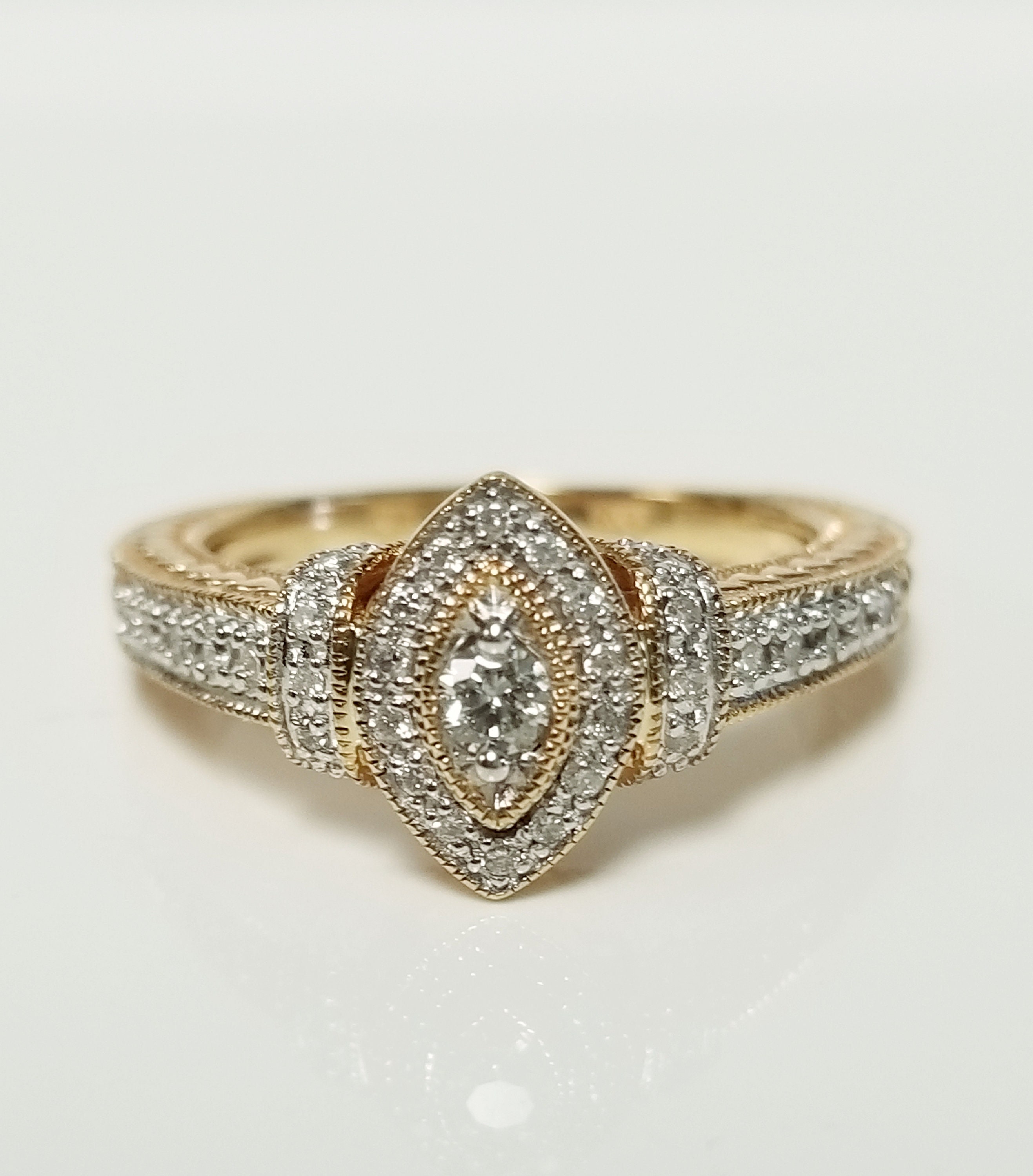 Sale SI2 G Size 5 Estate 10k Yellow White Gold Round .25ct Diamond Halo Ring Engagement Wedding .15ct .20ct BC138