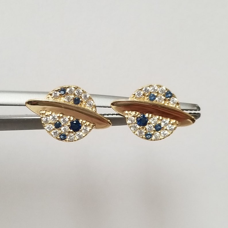 Sale Estate New 14k Yellow Gold .25ct Cz Diamond Blue Sapphire Planet Saturn Illusion Earrings Studs Stud Anniversary Birthday GE38 image 4