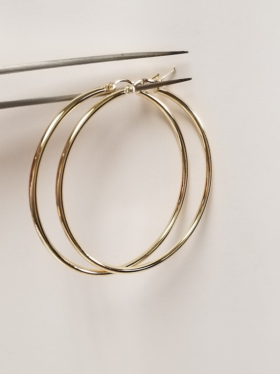 14k Yellow Gold Small Plain Polish Hoop Hinged Earrings Aretes De Oro 2mm