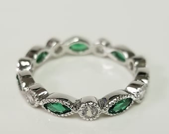 Estate Sterling Silver 925 1ct Emerald Eternity Princess CZ Diamond Ring Band Stunning SWE4