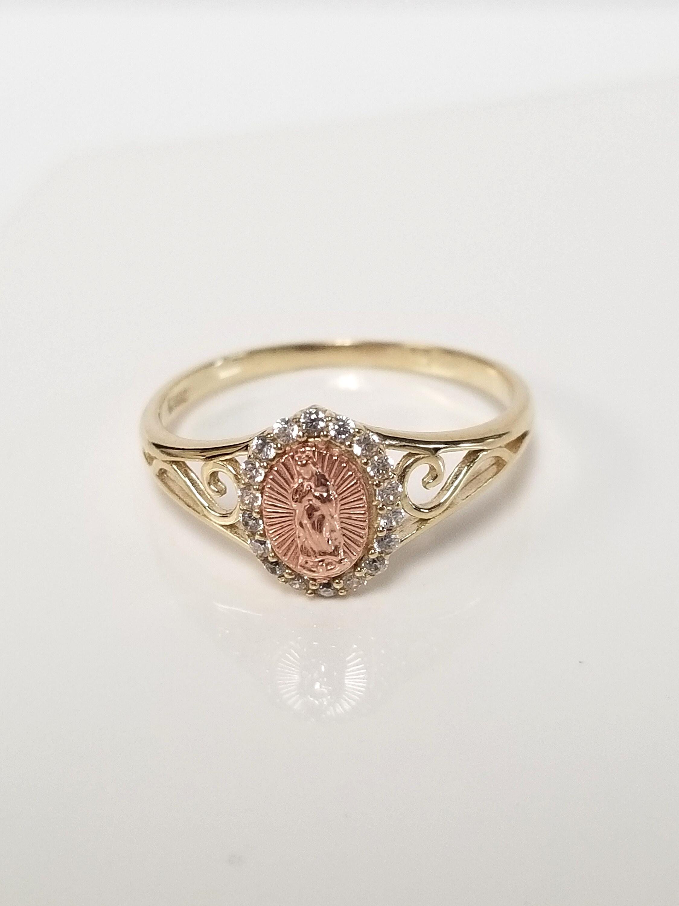Size 8 Estate 10k Yellow Rose Gold Mother Mary CZ Diamond Pinky