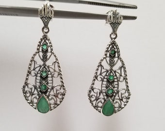 Sale 1 1/4&quot; Estate Sterling Silver 925 Natural 1ct Emerald Earrings Studs Filigree Antique Style Victorian JL266