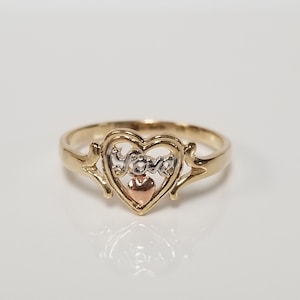 Size 5.75 Estate 14k Yellow White Rose Gold Puffed Heart Love Hands Crown Eternity Ring G7-1