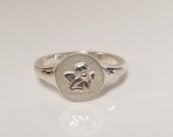 Size 4 Vintage Estate Sterling Silver 925 Angel Cherub Coin Ring Stack Pinky Heaven 3 4 5 S2