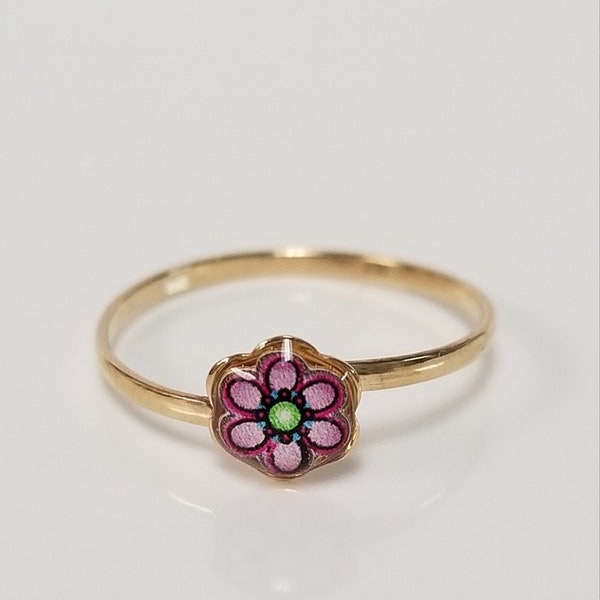 Size 3.25 Estate 14k Yellow Gold Enamel Flower  Baby Midi Adjustable Ring Birthday Anniversary G83