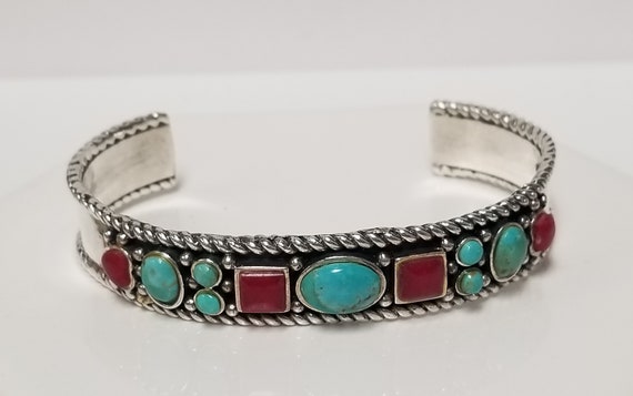 Mystique Vintage Native American Navajo Turquoise Coral Sterling Silver Bracelet Mystique Vintage Native American Navajo Turquoise Coral Sterling Silver Bracelet