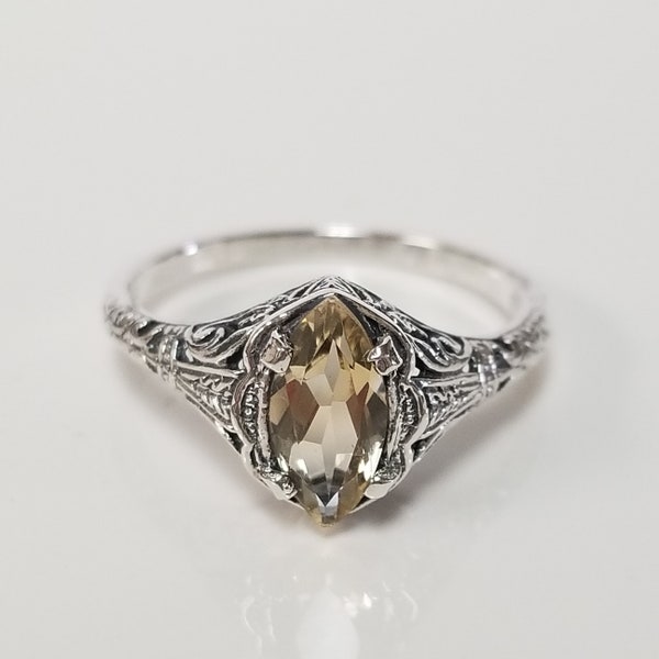 Size 5 8 9 Estate Sterling Silver 925 Copper Fire Yellow Champagne 1ct Citrine Topaz Stone Filigree Cocktail Ring JL496