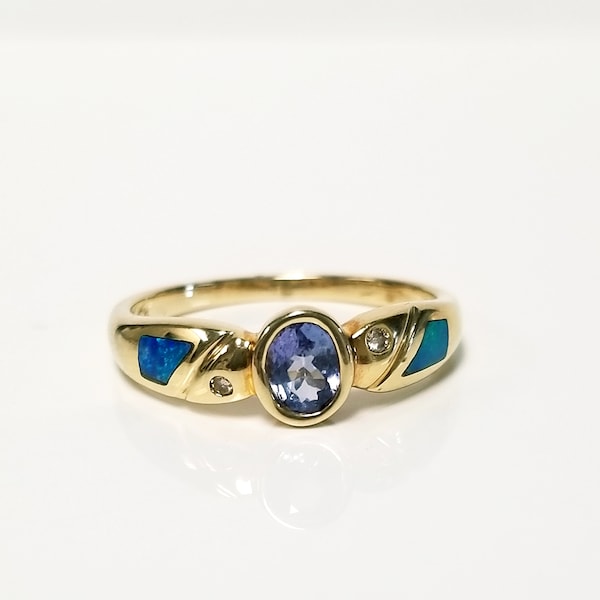 Sale Size 7 Estate 14k Yellow Gold Natural Blue Tanzanite and Opal Inlay .10ct Diamond Ring Kabana Birthday M94