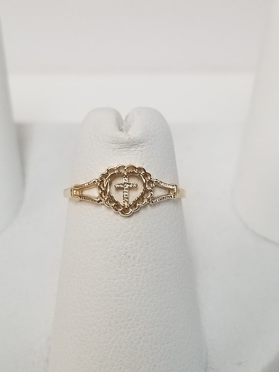 Size 4 New 14k Yellow Gold Heart Cross Bead Ball Filigree Band