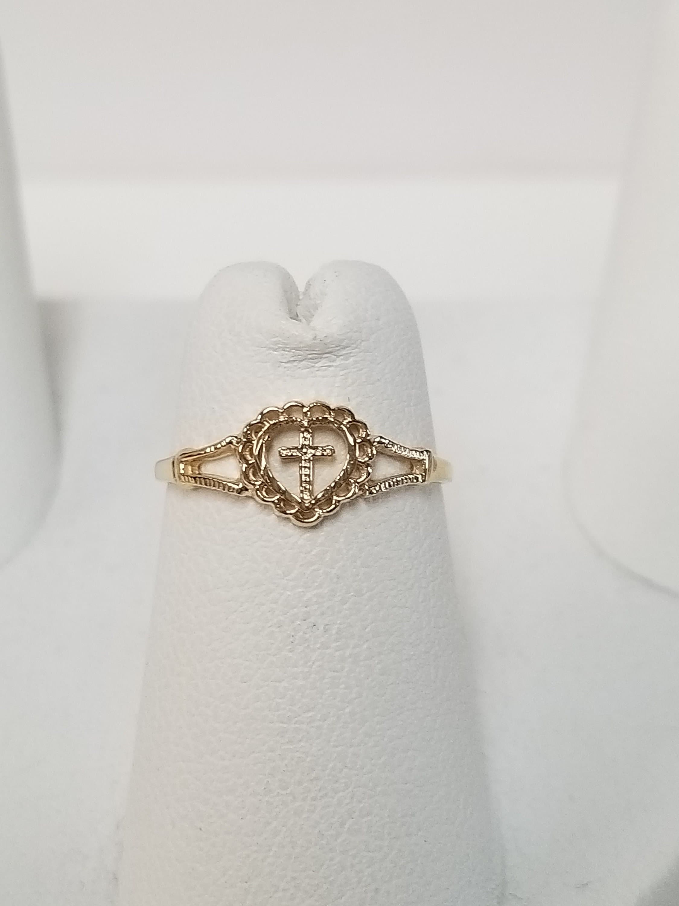 Size 4 New 14k Yellow Gold Heart Cross Bead Ball Filigree Band