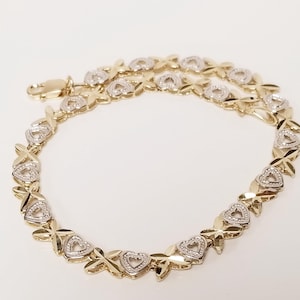 7.5" Estate 10k Yellow White Gold Heart Diamond Cut Accents Bracelet Charm Vintage XO GS2041-05