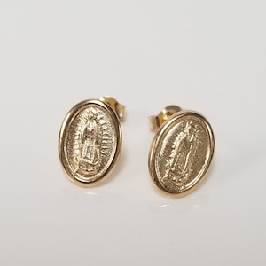 Aretes vintage de 3/8&quot; de oro amarillo de 14 k, nuevos, con la Virgen María, Nuestra Señora de Guadalupe G273