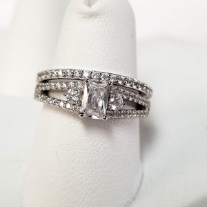Estate Sterling Silver 925 Created 1ct Cz Diamond Princess Cut Round Halo Engagement Ring Band Set SWCZ8-2