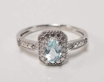 Estate Sterling Silver 925 Blue .50ct Aquamarine Diamond Ring Promise Sweetheart Anniversary Oval Cut S298
