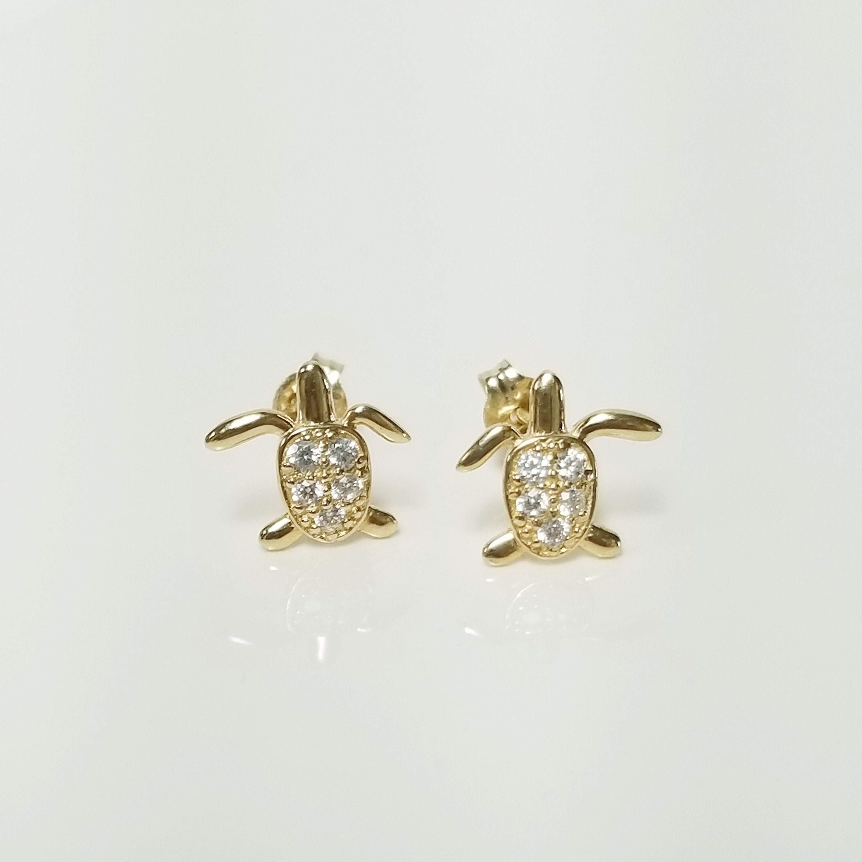 8mm 3/8" Estate New 14k Yellow Gold Turtle Studs .05ct Cz Diamond Sea Ocean Earrings G520