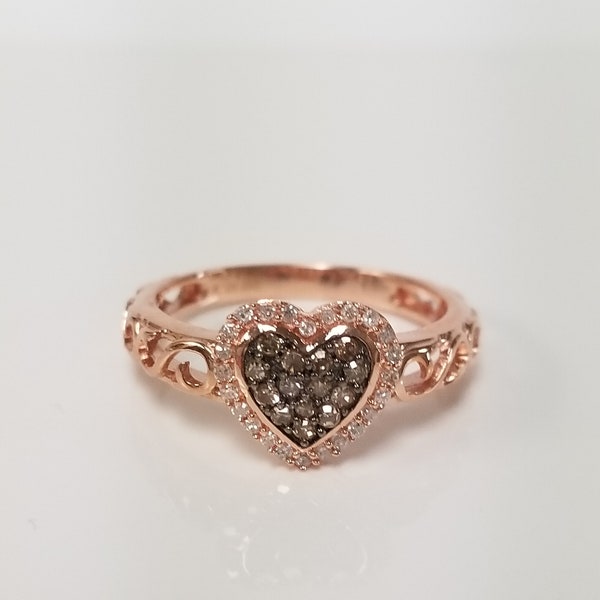 Sale Size 7 Estate 10k Rose Gold White and Champagne .25ct Diamond Heart Ring Filigree Scroll Band Promise Wedding DNG19-0