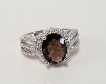 Size 6.75 Estate Sterling Silver 925 Natural Smoky3ct Quartz Stone Diamond Ring Band R138