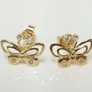 3/8&quot; Estate 14k Yellow Gold Butterfly Cz .05ct Diamonds Studs Earrings Backs G642