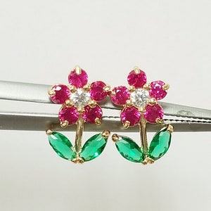 3/8" Estate New 14k Yellow Gold Ruby Emerald CZ Diamond Flower Tulip Roses Earrings Studs Stunning GE7-1