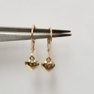3/4&quot; Estate New 14k Yellow Gold Puffed Heart Lever Back Hoops Earrings Dangle G270
