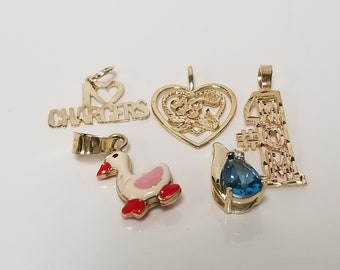 CHOICE Estate 14k Yellow Gold I Love Chargers Heart Rose #1 Mom Duck Goose Blue Topaz Charm Pendant GS2617-03