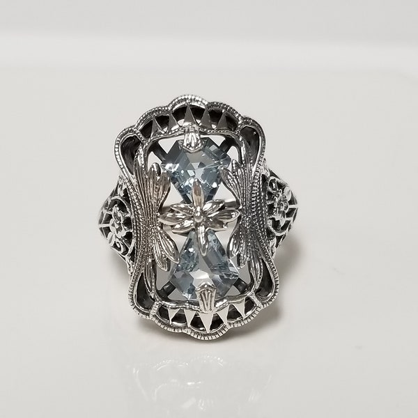 Size 6 7 8 Estate Silver Sterling 925 Natural 1.5ct Aquamarine Ocean Blue Filigree Antique Ring Stunning MS15-03
