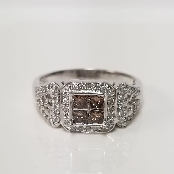 Sale Ring Size 9 Champagne Estate 14k White Gold .75ct to 1ct Princess Round Diamond Engagement Ring Band Anniversary Chocolate Brown J4-01