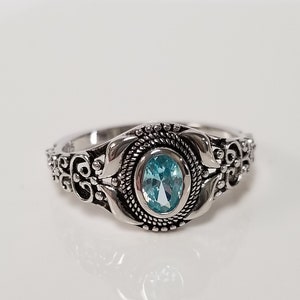 Estate Sterling Silver 925 Natural .50ct Blue Topaz Zircon Filigree Antique Victorian Ring Band R39-10