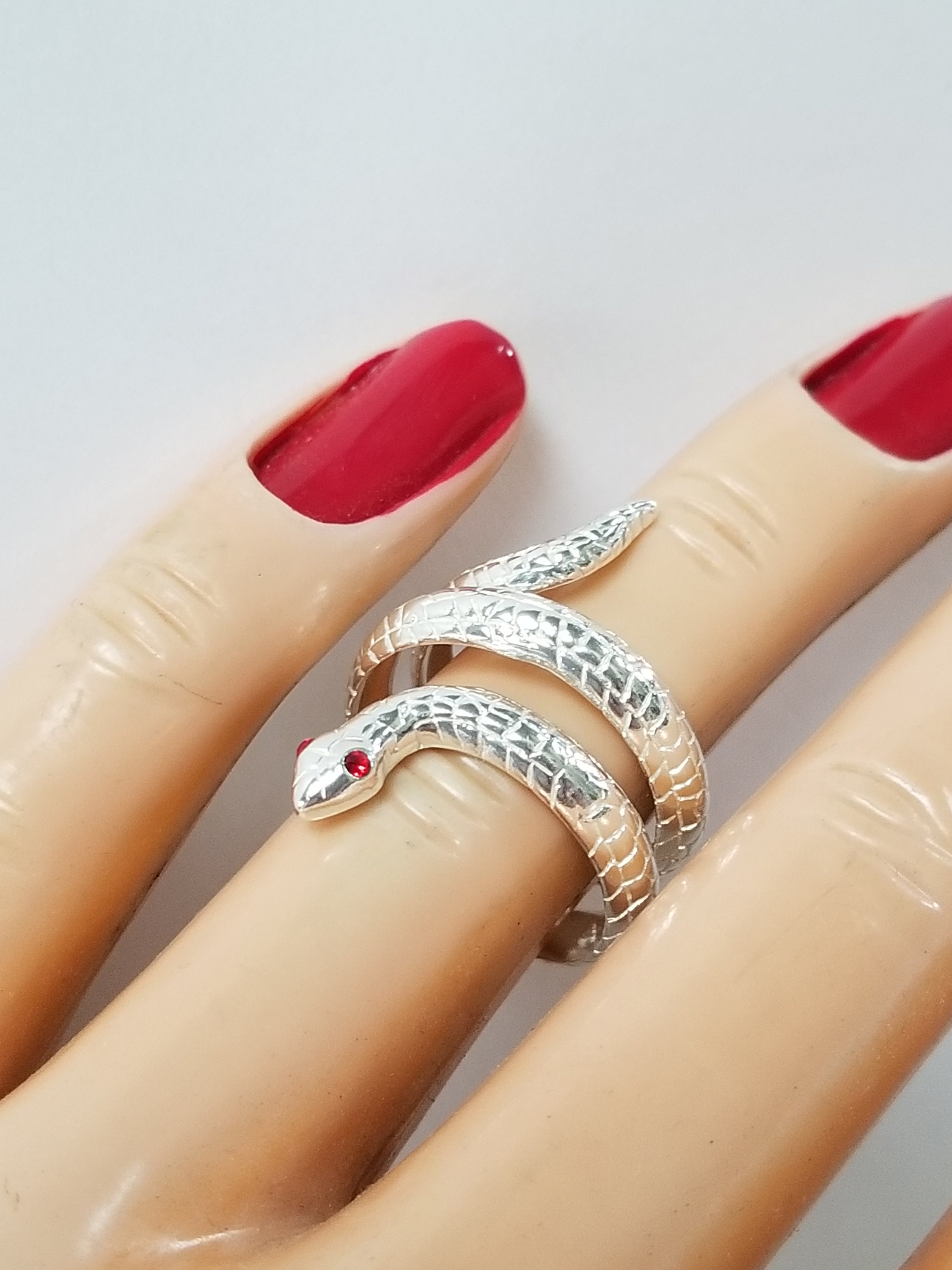 Simulated Garnet Red Eyes Snake Animal Ring - .925 Sterling Silver Band, Sizes 6 To 12 - View #11