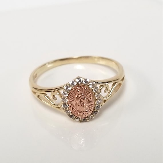 Size 8 Estate 10k Yellow Rose Gold Mother Mary CZ Diamond Pinky