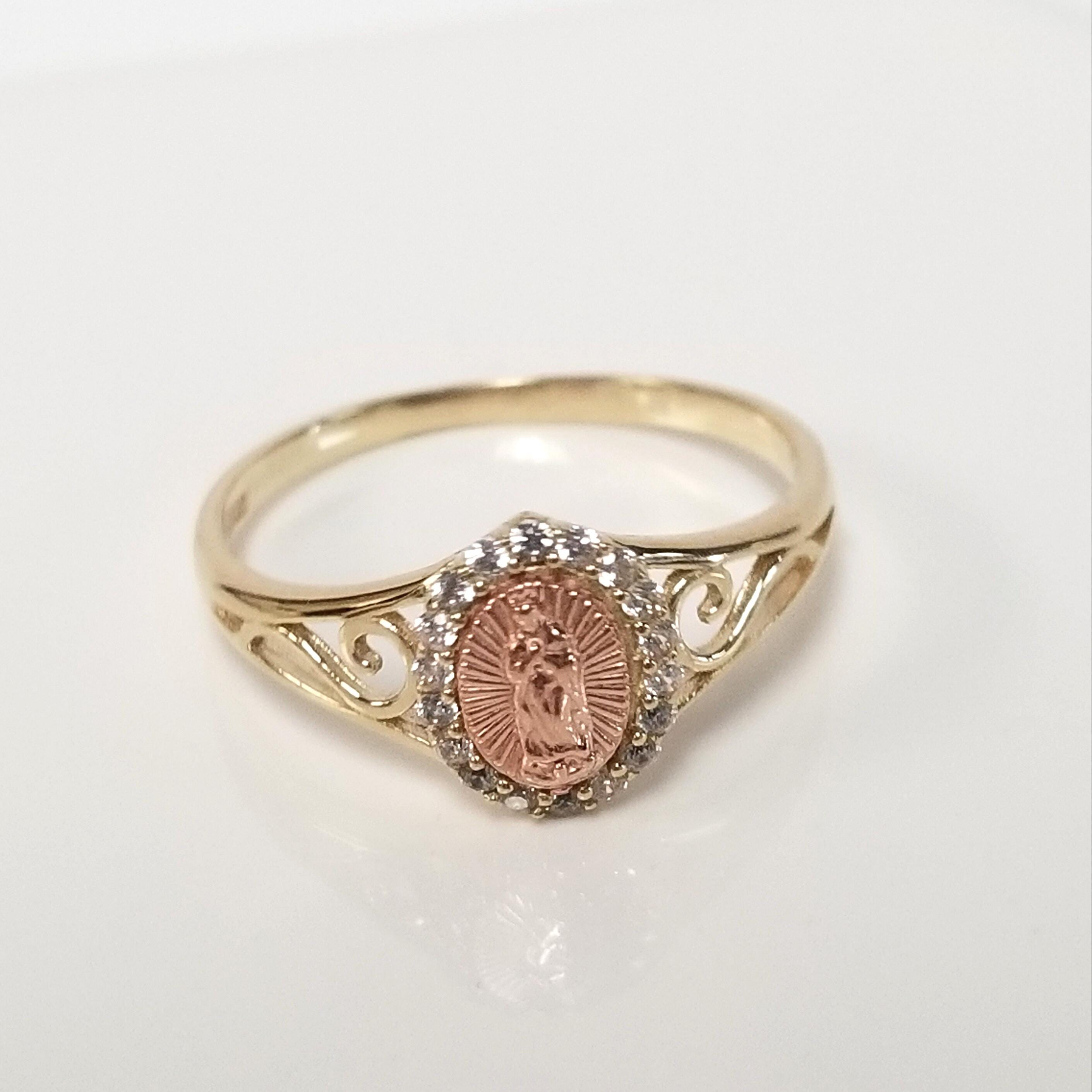 Size 8 Estate 10k Yellow Rose Gold Mother Mary CZ Diamond Pinky