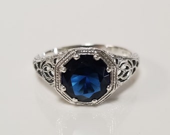 Estate Sterling Silver 925 Created Blue 1ct Sapphire Tanzanite Cocktail Pinky Ring Stunning Filigree JL851