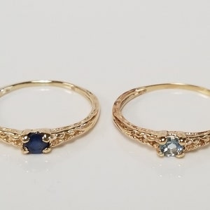 CHOICE Ring Size 3 Estate 14k Yellow Gold Ocean Blue .10ct Aquamarine or Sapphire Filigree Ring Band G49