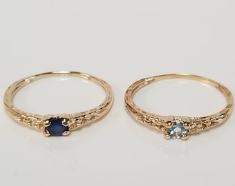 CHOICE Ring Size 3 Estate 14k Yellow Gold Ocean Blue .10ct Aquamarine or Sapphire Filigree Ring Band G49