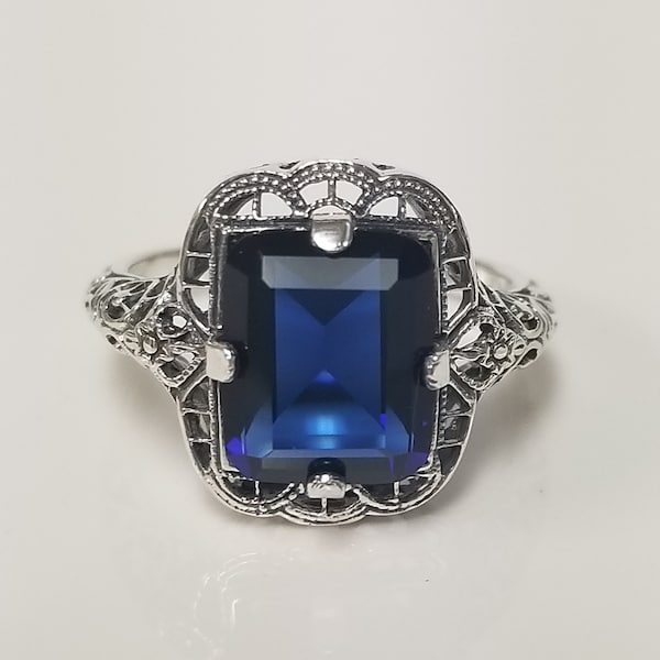 Estate Sterling Silver 925 Created 3ct Blue Sapphire Ring Stunning Filigree Antique Style JL761