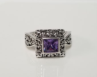 Estate Sterling Silver 925 Natural Created .50ct Purple Amethyst Filigree Antique Victorian Ring Band WS19-01