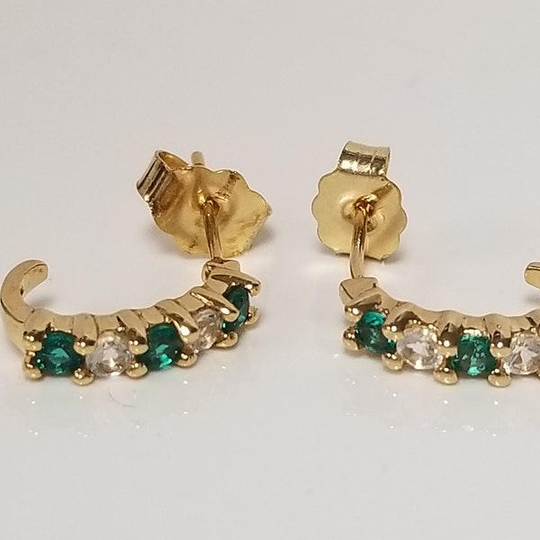 1/2" Estate 10k Yellow Gold Created Emerald .30ct White Topaz Round Cut Earrings Studs OJ99