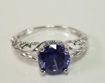 Size 4 or 8 Estate Sterling Silver 925 Created 1.5ct Tanzanite Sapphire CZ Diamonds Filigree Ring Cocktail Pinky SWS22