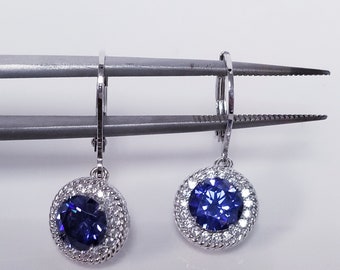 Estate NEW Sterling Silver 925 Created 2ct Tanzanite CZ Diamond Round Cut Gems Earrings Studs Dangle GB95-01