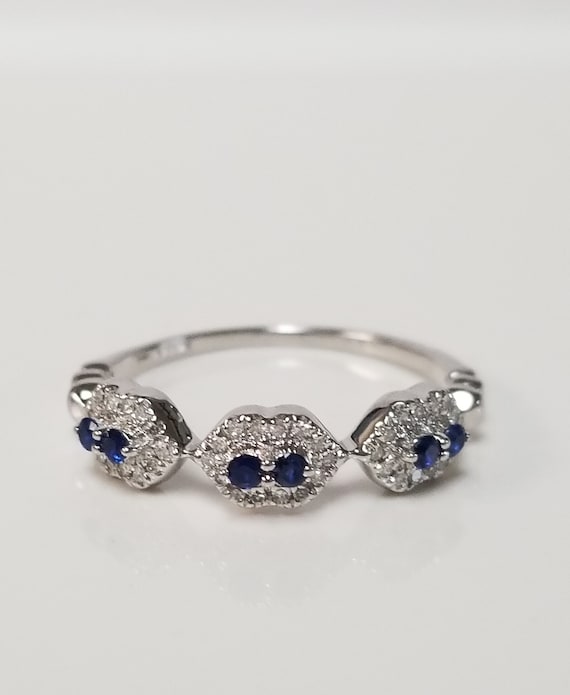 Sale Size 6.75 Estate 14k White Gold Natural .25ct Diamond Sapphire Ring Band Engagement Wedding DNG8-0