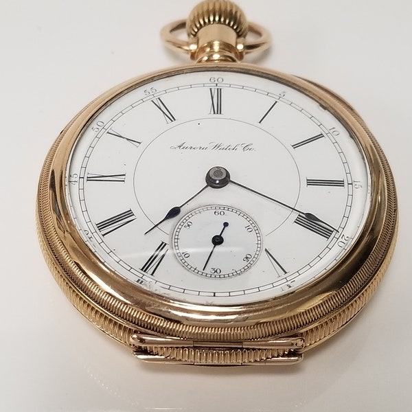 1890 Estate 14k Yellow Gold Aurora Watch Co Pocket Watch 18s 15 Jewel Hunting Hunter Lever Set 134924